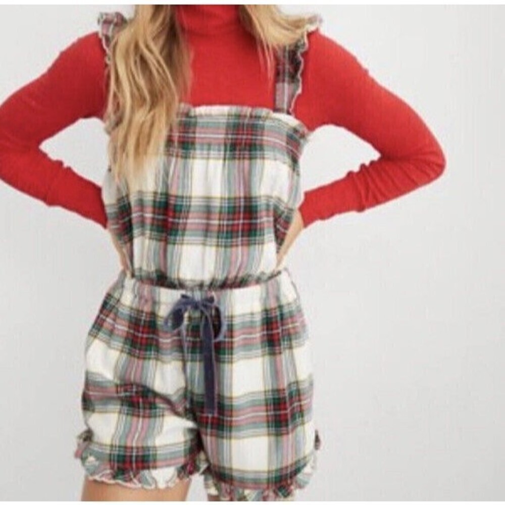 Aerie Romper Womens Medium Multicolor Green Red Flannel Plaid Ruffle Strap - Picture 1 of 11